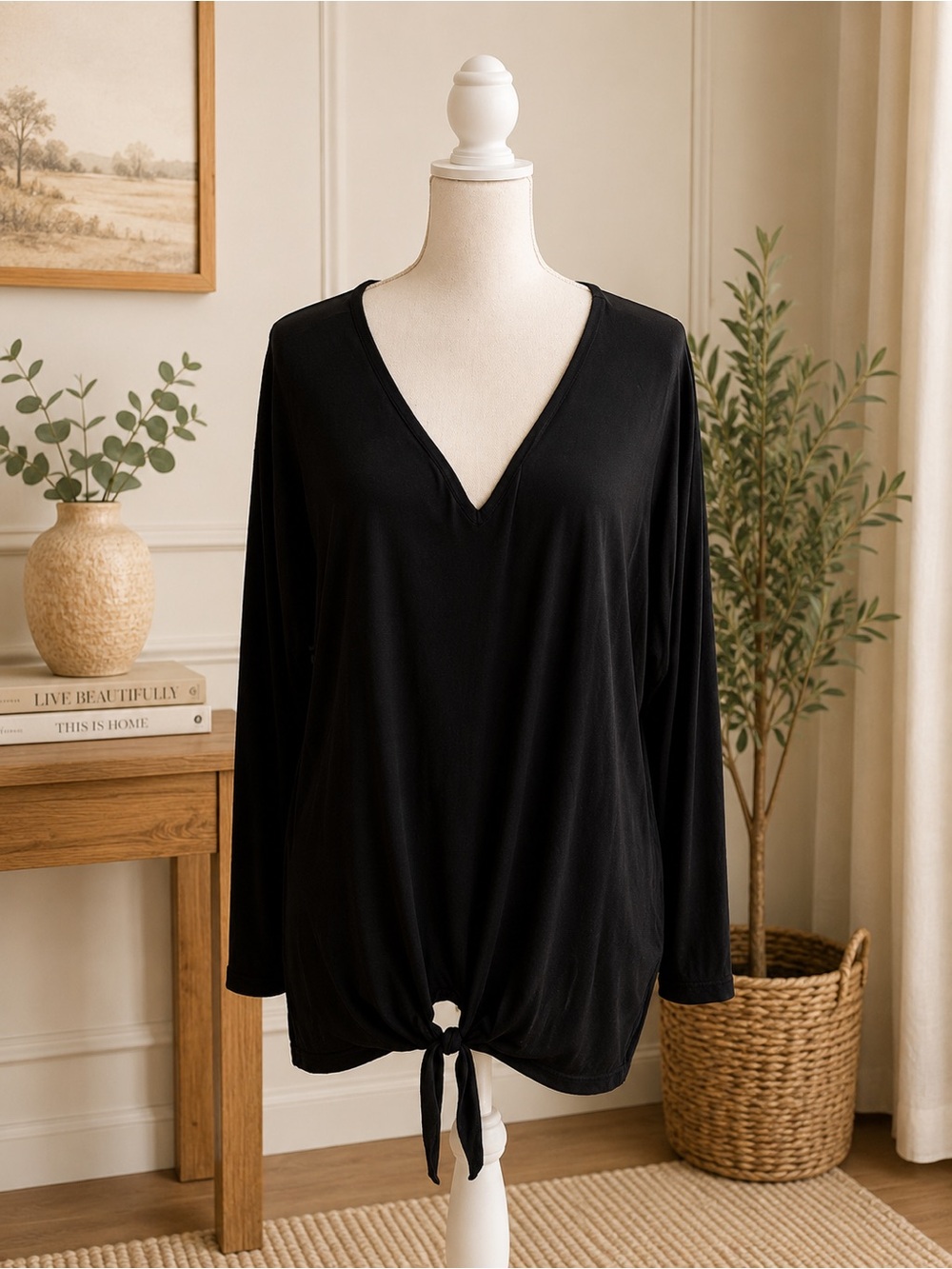 Wrangler Retro Black Tie Front Top 3XL V Neck Long Sleeve Stretch
